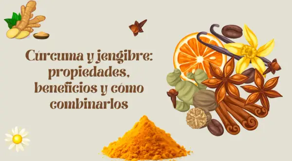 Montaje de cúrcuma y jengibre, con especias como anís estrellado, canela, vainilla, clavo, nuez moscada, granos de café y rodaja de naranja.