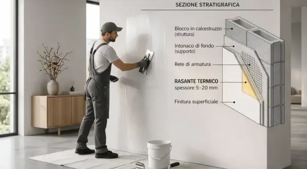 Operaio applica rasante termico a basso spessore, mostrando la stratigrafia con blocchi, intonaco, rete e finitura.