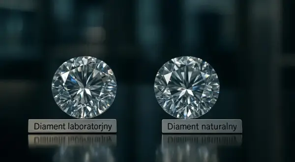 Dwa diamenty, laboratoryjny i naturalny, lśnią na czarnym tle. Wycena diamentów wymaga precyzji.