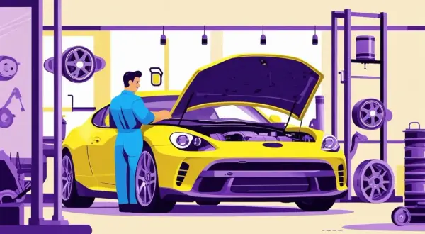 Meccanico in officina controlla il motore di un'auto gialla con il cofano aperto. Il tagliando è obbligatorio per la sicurezza.