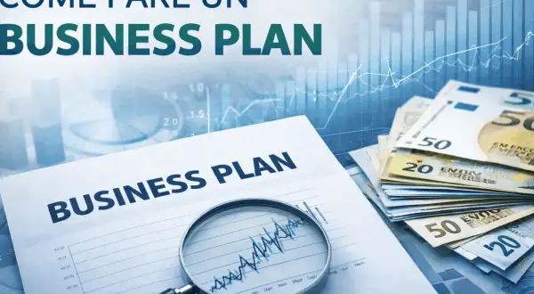Modello business plan excel gratis: un documento con grafici, lente d'ingrandimento e banconote.