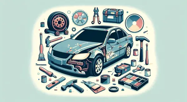 Auto danneggiata circondata da attrezzi e colori, pronta per riparazioni. Si vedono nomi carrozzeria auto e parti di ricambio.