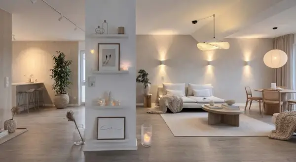 Idee per come abbellire un pilastro in soggiorno: mensole con quadri, candele e decorazioni.