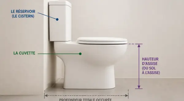 Vue latérale d'un WC blanc, avec des annotations indiquant la dimension wc : hauteur d'assise, profondeur totale occupée, réservoir et cuvette.