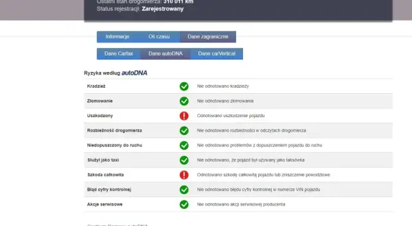 Darmowe sprawdzenie VIN na historiapojazdu.gov.pl. Raport autoDNA pokazuje uszkodzenie pojazdu i odnotowaną szkodę całkowitą.