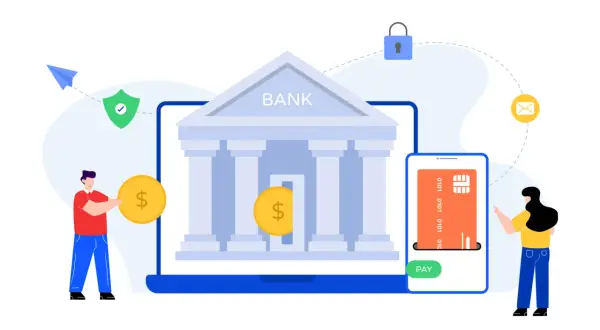Co to jest bankowość elektroniczna? Ilustracja pokazuje ludzi korzystających z telefonu i komputera do płatności, symbolizując łatwość i bezpieczeństwo transakcji.