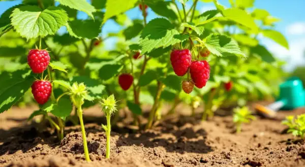 Gros plan sur des framboises mûres sur un plant, suggérant un bon entretien framboisier. Le sol est bien préparé, prêt pour la récolte.