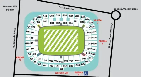 Mapa stadionu z sektorami i bramami. Najgorsze miejsca na stadionie narodowym to te najdalej od murawy, np. sektory G1-G10.