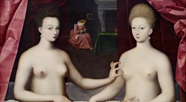 Gabrielle d'Estrées and one of her sisters, nude, with a servant in the background. One sister offers a ring to the other.