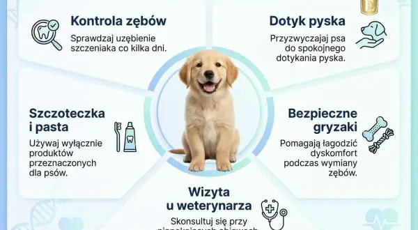 Szczeniak z uśmiechem, gdy psu wypadają zęby stałe. Porady: kontrola zębów, dotyk pyska, szczoteczka i pasta, bezpieczne gryzaki, wizyta u weterynarza.