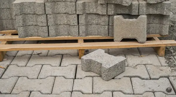 Stos kostki brukowej na palecie i pojedyncze elementy na ułożonej nawierzchni.
