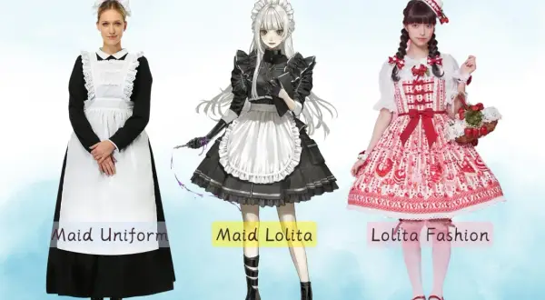 Trzy stroje: klasyczny strój sprzątaczki damski, strój "Maid Lolita" i sukienka w stylu Lolita.