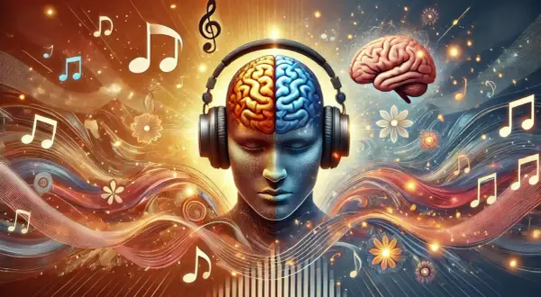 Kopfhörer auf einem Gehirn, umgeben von Noten und Wellen. Musik ist wichtig, weil sie das Gehirn stimuliert und Emotionen weckt.