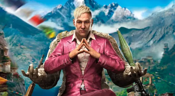 Pagan Min w różowym garniturze, z karabinem i wyrzutnią rakiet, na tle gór. Gra Far Cry na Nintendo Switch.