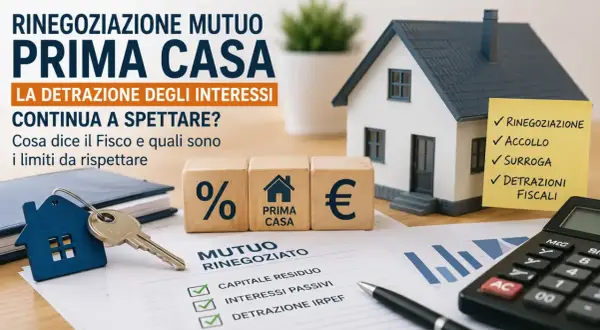Chiavi e casa in miniatura su documenti: si parla di rinegoziare mutuo prima casa e detrazioni fiscali.