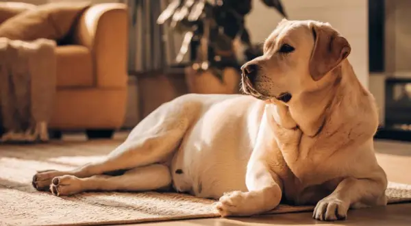 Labrador dorado descansando en alfombra. ¿Como saber si mi perra está embarazada? Observa cambios en su comportamiento y apetito.
