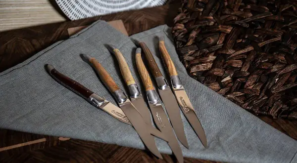 Cinco cuchillos de una prestigiosa marca de cuchillos, con mangos de madera y acero pulido, dispuestos sobre un paño gris.