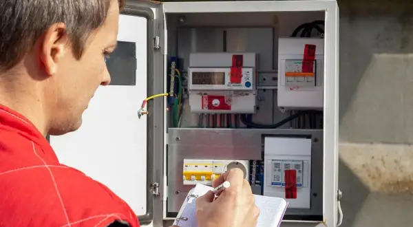 Elektryk spisuje odczyt licznika elektrycznego, przygotowując protokół wymiany.