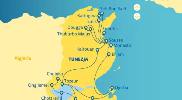 Mapa Tunezji z zaznaczonymi atrakcjami: Tunis, Kartagina, Sousse, Dżerba. Zobacz, co warto zobaczyć w Tunezji!