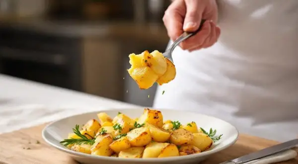 Une fourchette soulève des pommes de terre sautées dorées et garnies d'herbes fraîches, servies dans une assiette blanche.