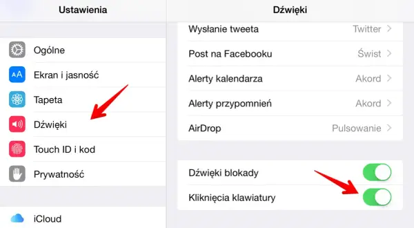 Ustawienia iPhone: Dźwięki > Kliknięcia klawiatury. Czerwona strzałka wskazuje, jak wyłączyć dźwięk klawiatury.
