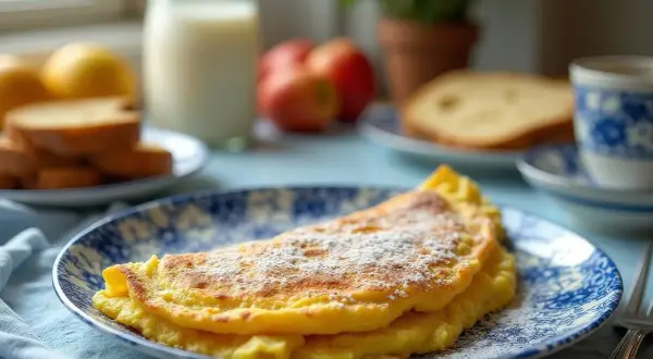 Puszysty omlet z jabłkiem, posypany cukrem pudrem, na talerzu z niebieskimi wzorami. Obok mleko, tosty i filiżanka kawy.