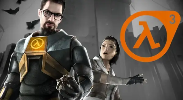 Gordon Freeman i Alyx Vance w oczekiwaniu na Half Life 3. Pomarańczowe logo z symbolem lambda i cyfrą 3.