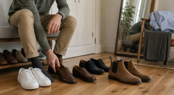 Mężczyzna wybiera idealną parę butów do swojej stylizacji. Na podłodze białe sneakersy, brązowe mokasyny, czarne półbuty i zamszowe botki.
