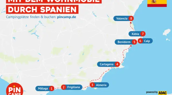 Karte zeigt eine Route für einen Roadtrip mit dem Wohnmobil durch Spanien, von Málaga über Almería, Cartagena, Benidorm bis Valencia.