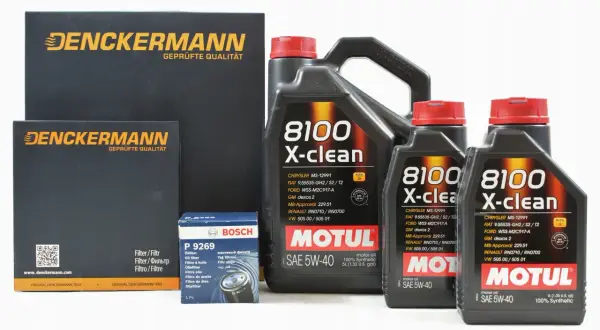 Zestaw produktów samochodowych: olej silnikowy Motul 8100 X-clean SAE 5W-40 i filtry Denckermann.