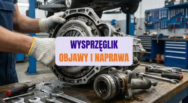 Mechanik pokazuje uszkodzony wysprzęglik. Na stole leżą klucze i narzędzia. Naprawa skrzyni biegów jest w toku.