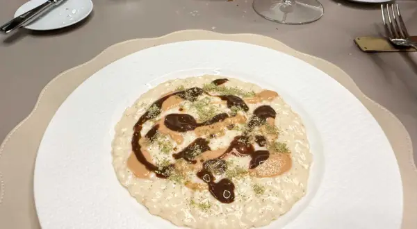Un risotto cremoso con salse scure e chiare, guarnito con erbe verdi. Andrea la Rossa lo ha preparato con cura.