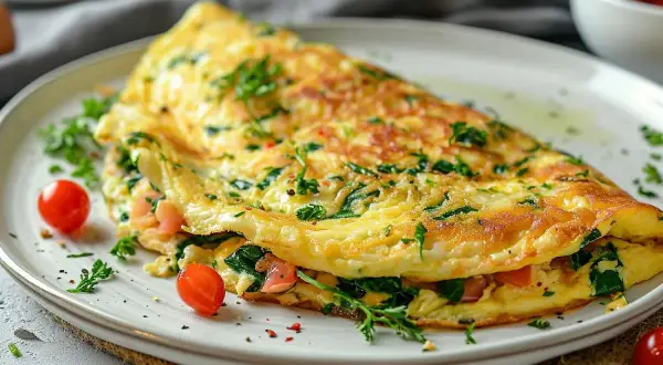 Złocisty omlet z serka wiejskiego, wypełniony szpinakiem i pomidorkami, posypany świeżą natką pietruszki. Pyszne śniadanie.