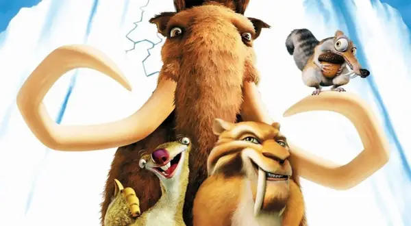 Uśmiechnięte epoka lodowcowa postacie: mamut Manny, tygrys szablozębny Diego, leniwiec Sid i wiewiór Scrat z żołędziem.