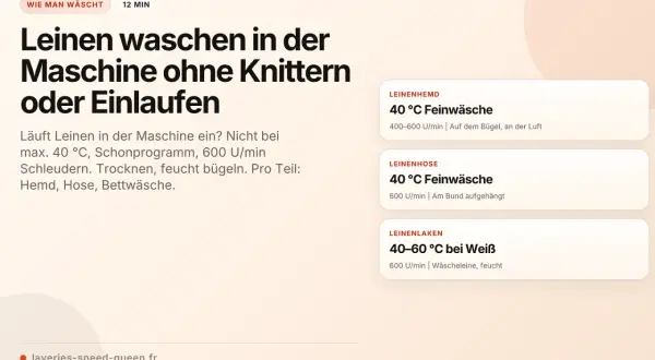 Leinen waschen ohne Einlaufen: Max. 40°C, Schonprogramm, 600 U/min. Trocknen, feucht bügeln. Vermeiden Sie die Nachteile von Leinen durch richtige Pflege.