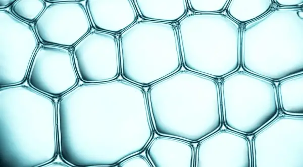 Nahaufnahme von Seifenblasen, die ein wabenartiges Muster bilden. Pentylene Glycol sorgt für die Stabilität dieser Struktur.