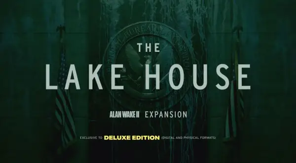 Grafika z napisem "The Lake House", logo Federal Bureau of Control i flagą USA.