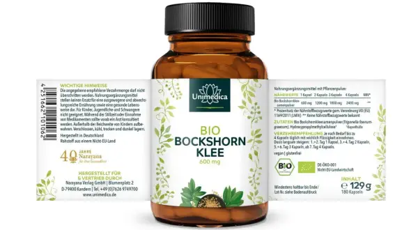Flasche mit Bio Bockshornklee Kapseln. Die Inhaltsstoffe sind auf dem Etikett aufgeführt, darunter Bio Bockshornkleesamenpulver.