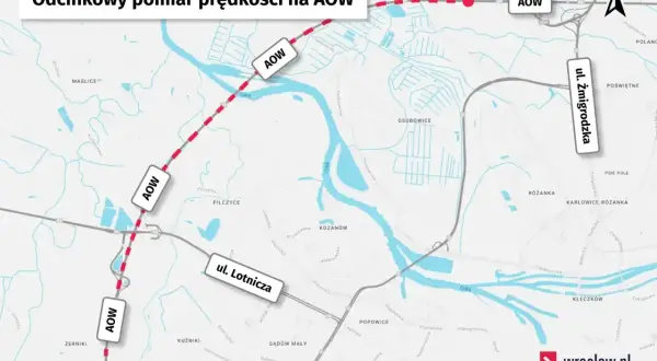 Mapa Wrocławia z zaznaczonym odcinkowym pomiarem prędkości na AOW, ul. Lotnicza i ul. Żmigrodzka.