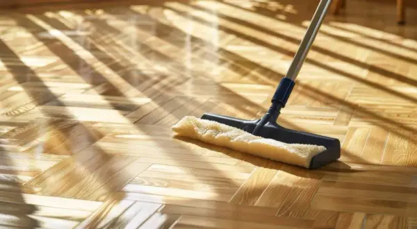 Un mocio lucida un parquet a spina di pesce, illuminato da raggi di sole che creano un gioco di luci e ombre. Scopri come lucidare il parquet per un risultato splendente.