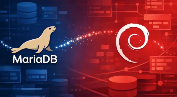 Le logo MariaDB, avec son phoque, est relié par des particules lumineuses au logo Debian. L'image symbolise l'intégration de MariaDB sur Debian.