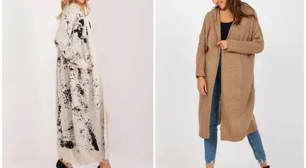 Dwie kobiety prezentują długie kardigany. Jeden w beżowym kolorze, drugi z czarnym wzorem. Idealne kardigany damskie plus size.