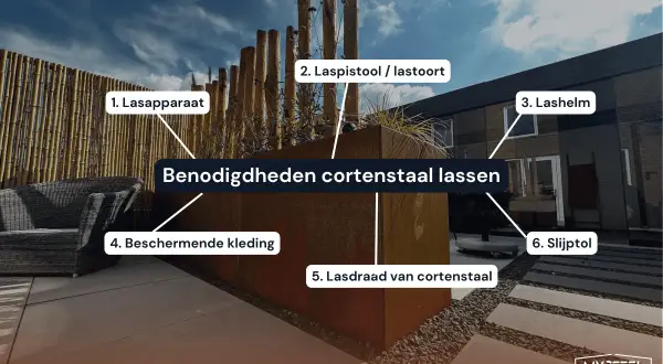 Un pezzo di design moderno in corten materiale, con indicazioni su attrezzature per saldatura.