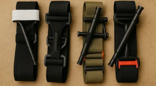 Cuatro tipos de torniquetes de emergencia, dos negros y uno verde militar, listos para usar.