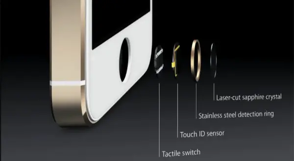 Détail du capteur Touch ID de l'iPhone 15 : cristal de saphir, bague en acier inoxydable, capteur et interrupteur tactile.