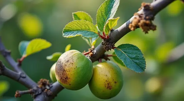 Deux mirabelles vertes sur une branche, présentant des taches brunes, signe d'une possible maladie du mirabellier.