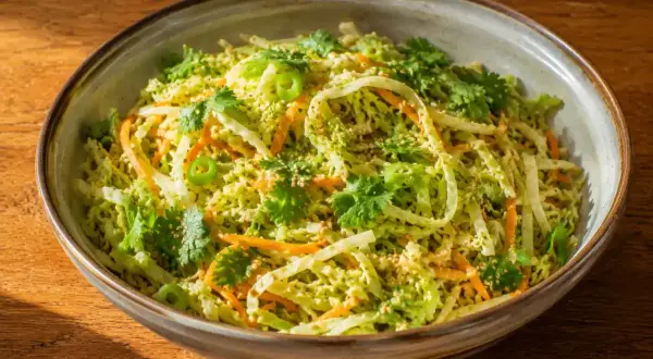 En skål med asiatisk kålsallad med strimlad kål, morötter, koriander och sesamfrön.