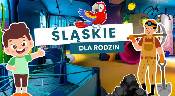 Śląskie atrakcje dla dzieci: wesoły chłopiec i górnik zapraszają do zabawy.