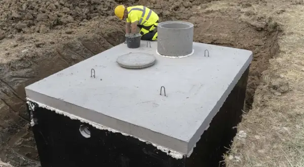 Budowa betonowego zbiornika na deszczówkę. Pracownik w żółtym kasku i kamizelce odblaskowej nadzoruje montaż.