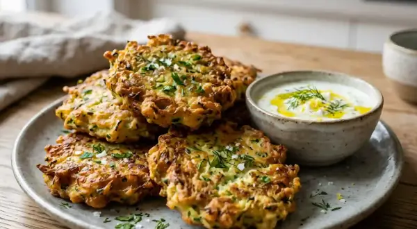 Délicieux beignets de courgette dorés, parsemés d'herbes fraîches, servis avec une sauce crémeuse.
